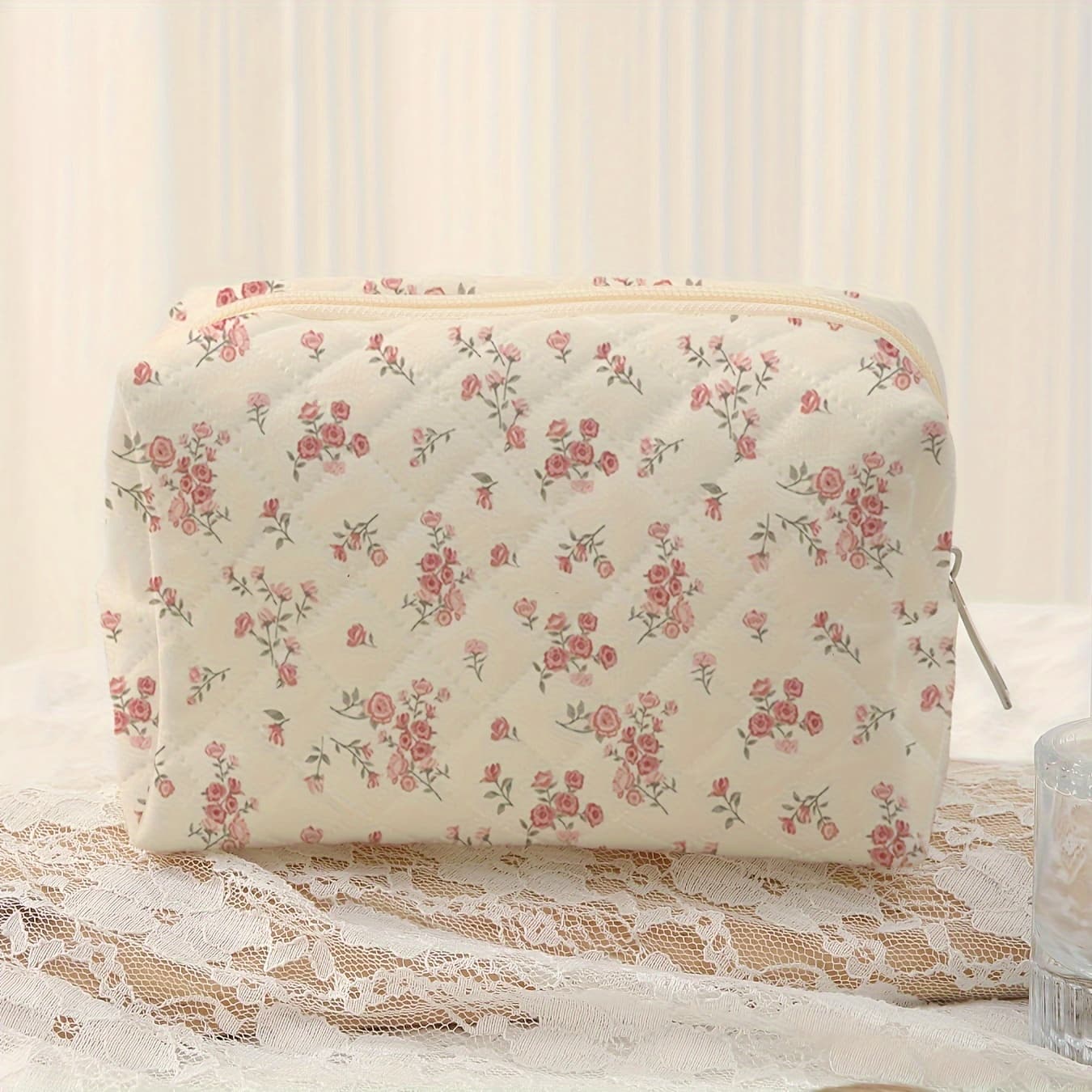 TEMU Small Floral Print Pattern Quilted Bag, Portable Makeup Storage Bag, Zipper Multi-functional Storage Bag, Lightweight Travel Bag
