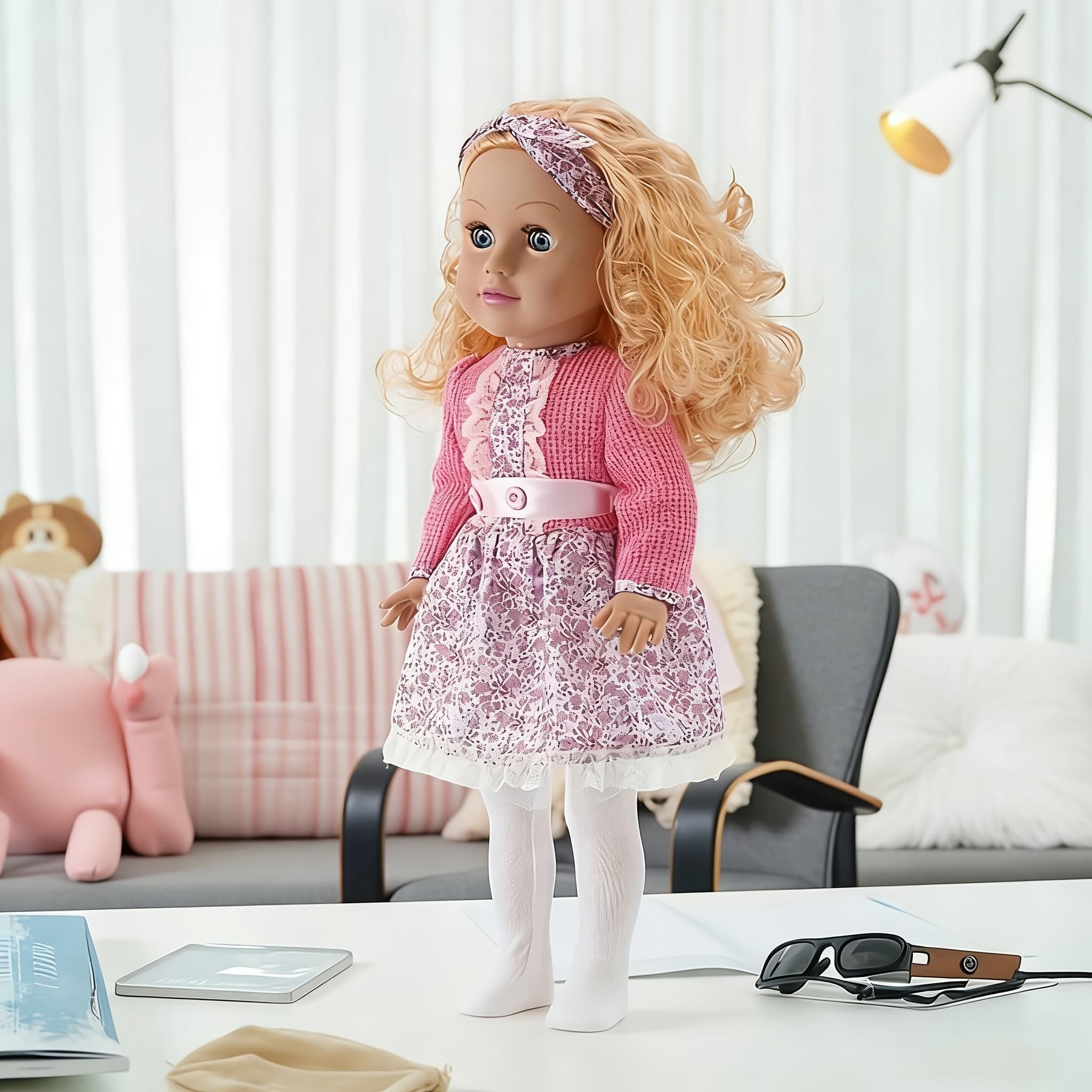 TEMU 18-inch Realistic Curly-haired Trendy Doll, Wearing A Floral Dress With A Headband And Shoes. Perfect For Collection And Play, Offering A Cute Experience Similar To Baby Dolls, Gifts, Girls