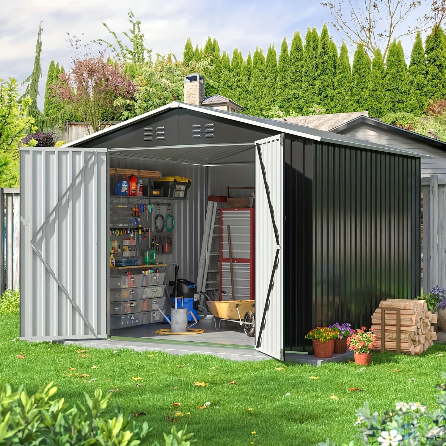TEMU 8'x8' Outdoor Storage Shed, Large Garden Shed, With Vent. Reinforced And Lockable Doors Frame Metal Storage Shed For Patio, Backyard, Garage, Lawn, Grey