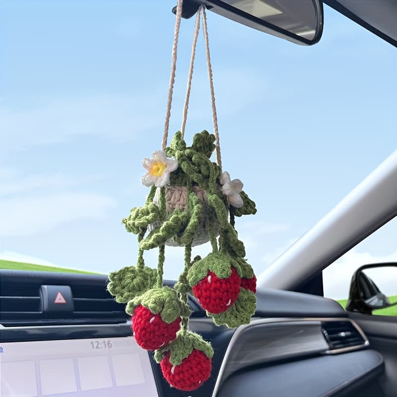 TEMU Cute Strawberry Crochet Car Mirror Charm - Hand-knitted Potted Plant Hanging Decor For Vehicle Interior