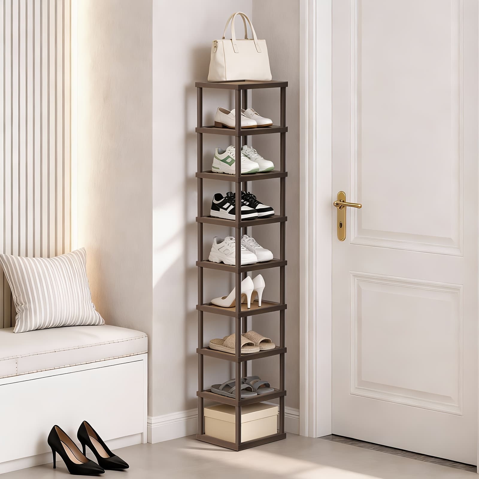 TEMU 9 Layers Bamboo Shoe Rack, Tall Narrow Bamboo Shoe Rack, Vertical Shoe Rack Organizer For Small Spaces, Entryway, Closet, Corner, Doorway, Skinny Shoe Saving Shoe Storage, Free Stackable