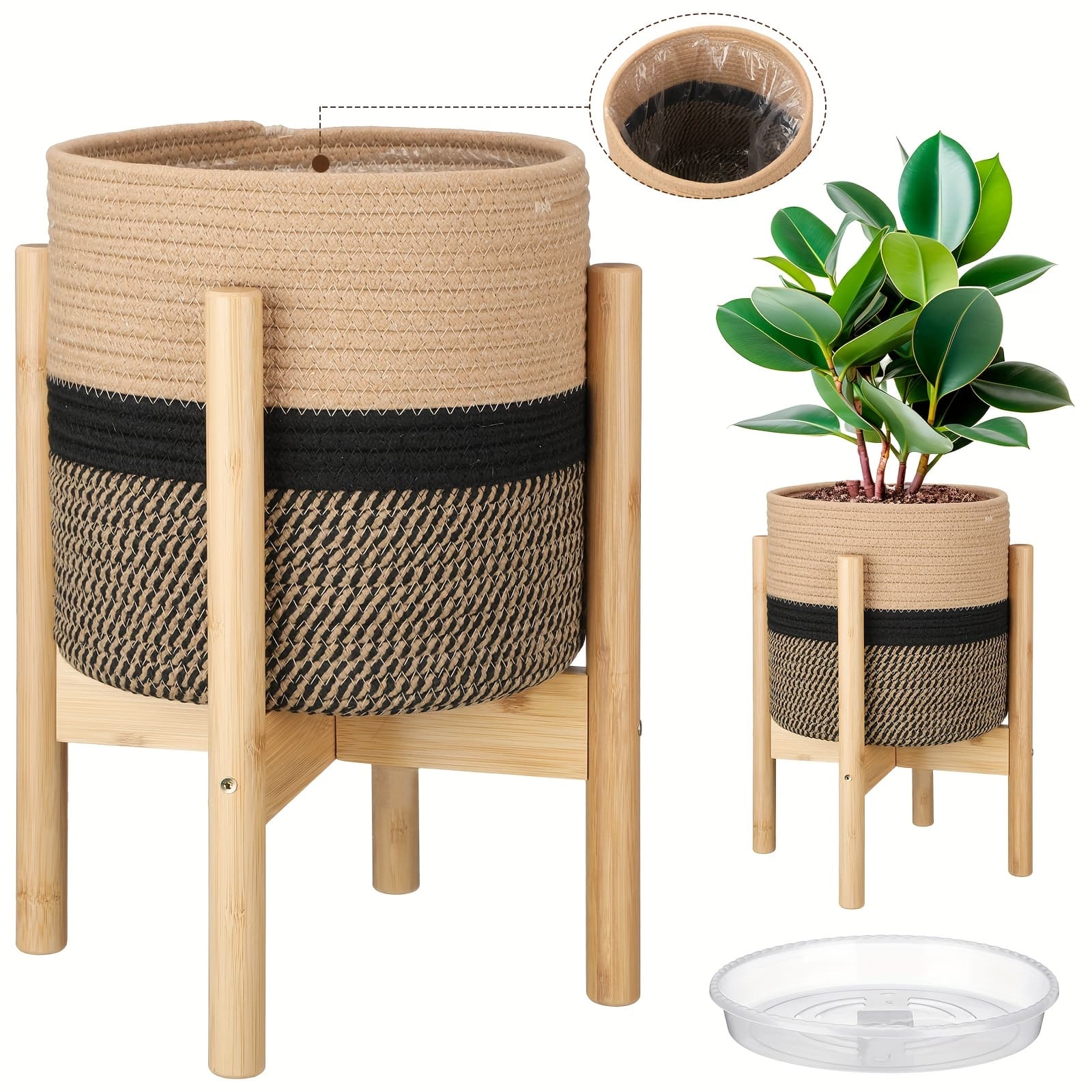 TEMU Plant Basket With Stand Indoor Planter Pot Holder Sturdy Jute Rope Modern Woven Basket, Cotton Rope Woven Pot With Bamboo Stand (10 Inch, Black And Beige Stripes) Gardening Gift Home Decor