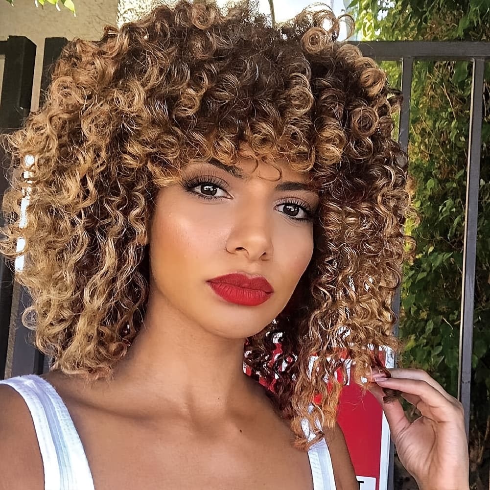 TEMU Curly Wigs For Women - Kinky Afro Curly Wig With Bangs Synthetic Wig - Heat Resistant, Beginner Friendly, Elegant Daily Party Use For Daily Party Halloween Christmas Cosplay Use