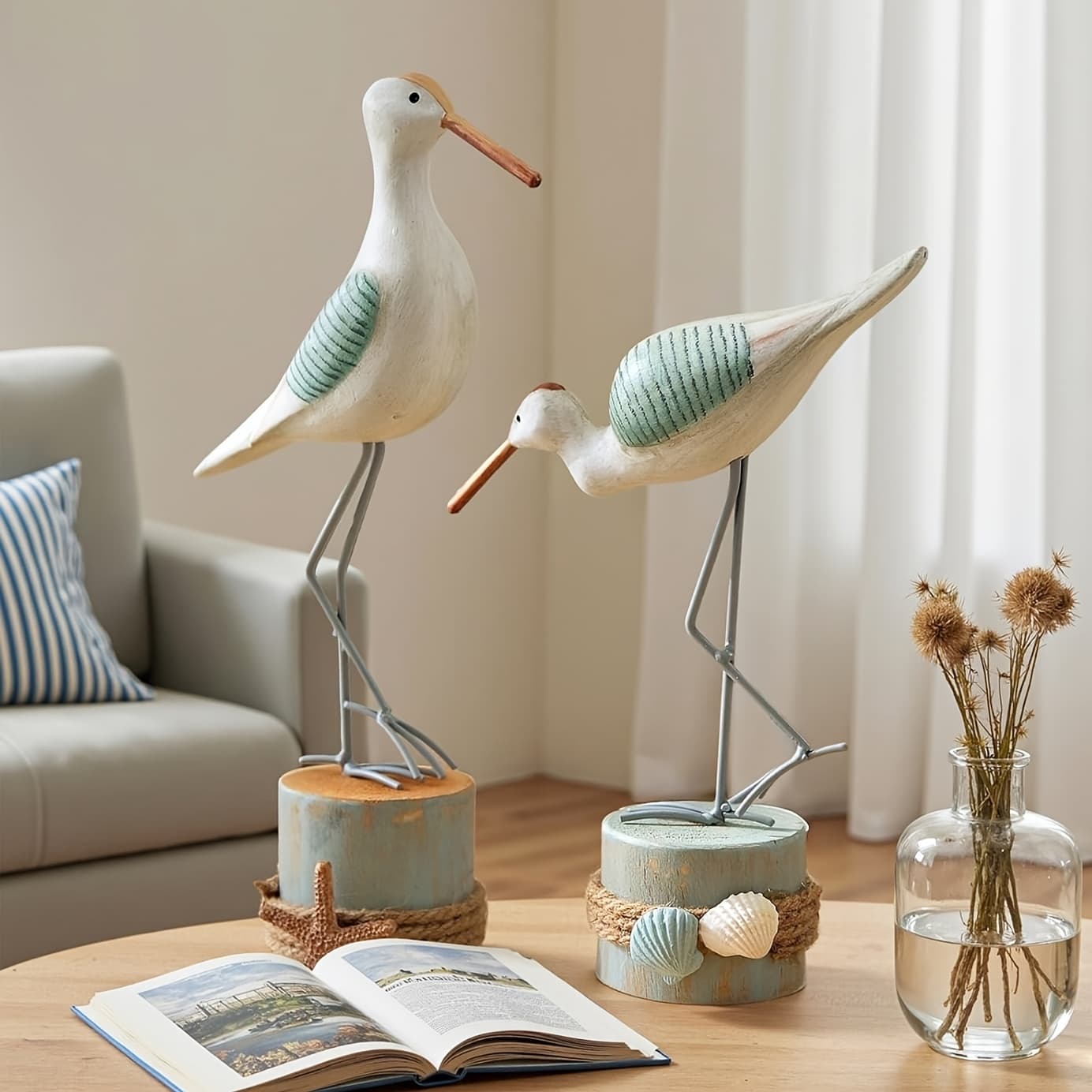 TEMU 2pcs Handcrafted Wooden Seagull Decor Set | Mediterranean Coastal Nautical Centerpieces - Stump Ornaments For Tabletop, Room Beach Decor, Bird Party Decoration, Housewarming Gift