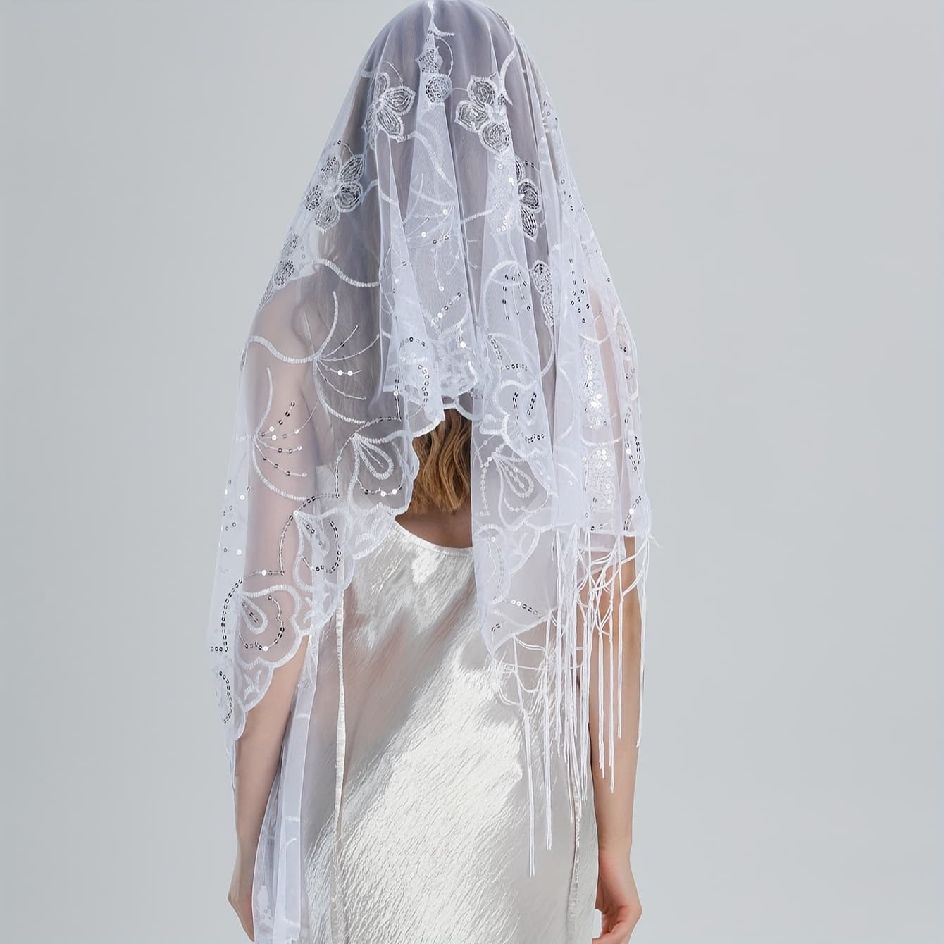 TEMU Elegant Sheer Bridal Veil Headscarf Shawl With Embellishments - Lightweight Versatile Accessory For Weddings, Formal Events & Casual Attire - Women's Decorative Scarf