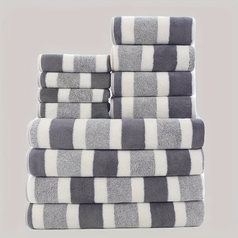 TEMU 12pcs Soft And Thick Striped Towel Set, Quick Drying And Absorbent Ultra- Bath Towels, 4 Bath Towels, 4 Towels, And 4 Hand Towels Are Perfect For Home Bathrooms And Face Towels