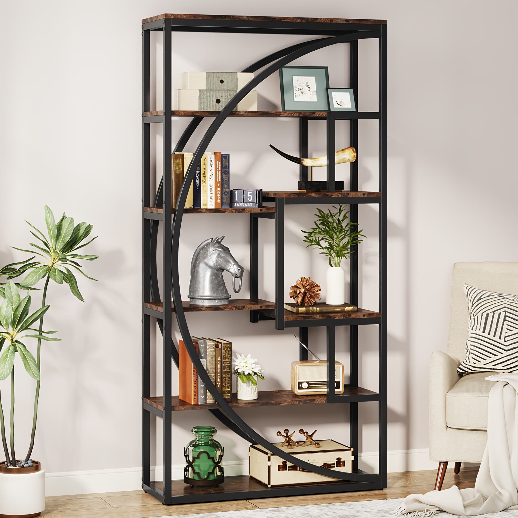 TEMU " Rustic Brown Wooden Bookshelf - Industrial 5-tier Open Shelf Bookcase, 8-shelf Tall Etagere For Home Office & Living Room, Heavy Duty Display Shelf For Books & Decor