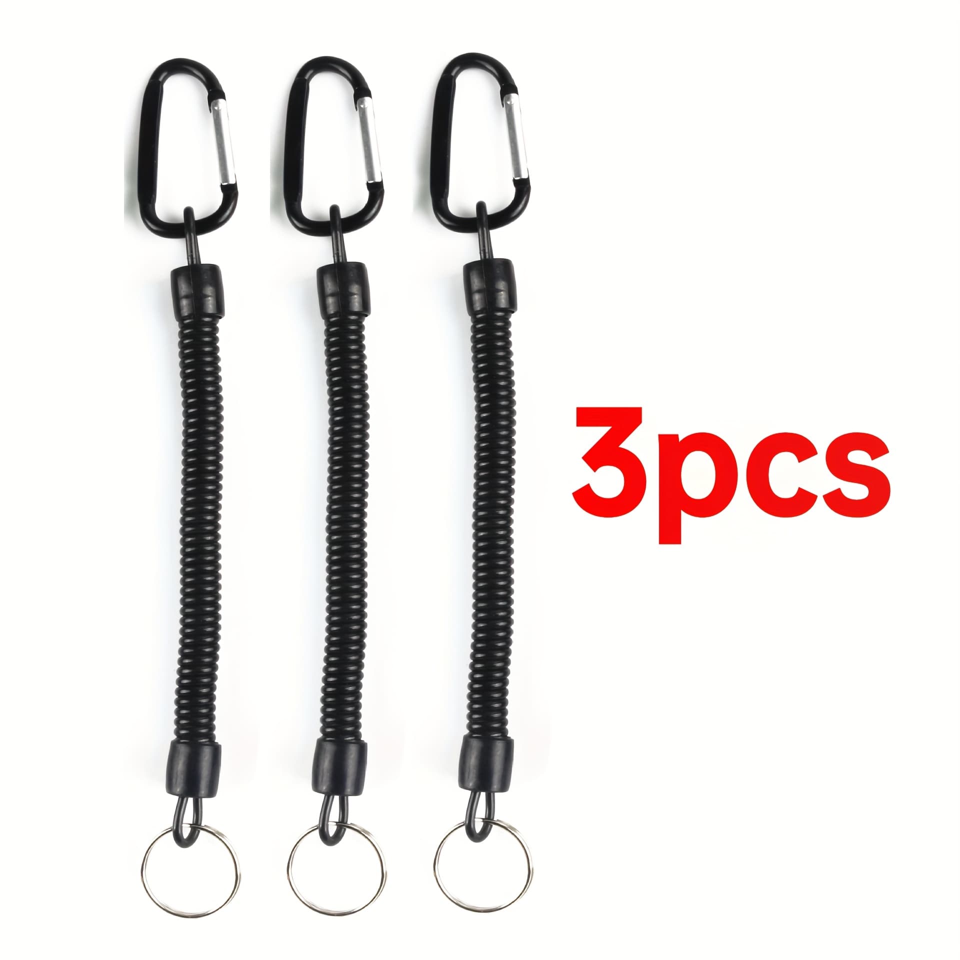 TEMU Set Of 3 Black Spiral Keychains Featuring A Retractable Safety For The Wrist, Adjustable From 8.46 Inches To 47 Inches, Complete With Rings. The Integrated Rope Can Support A Weight Of Up To 15