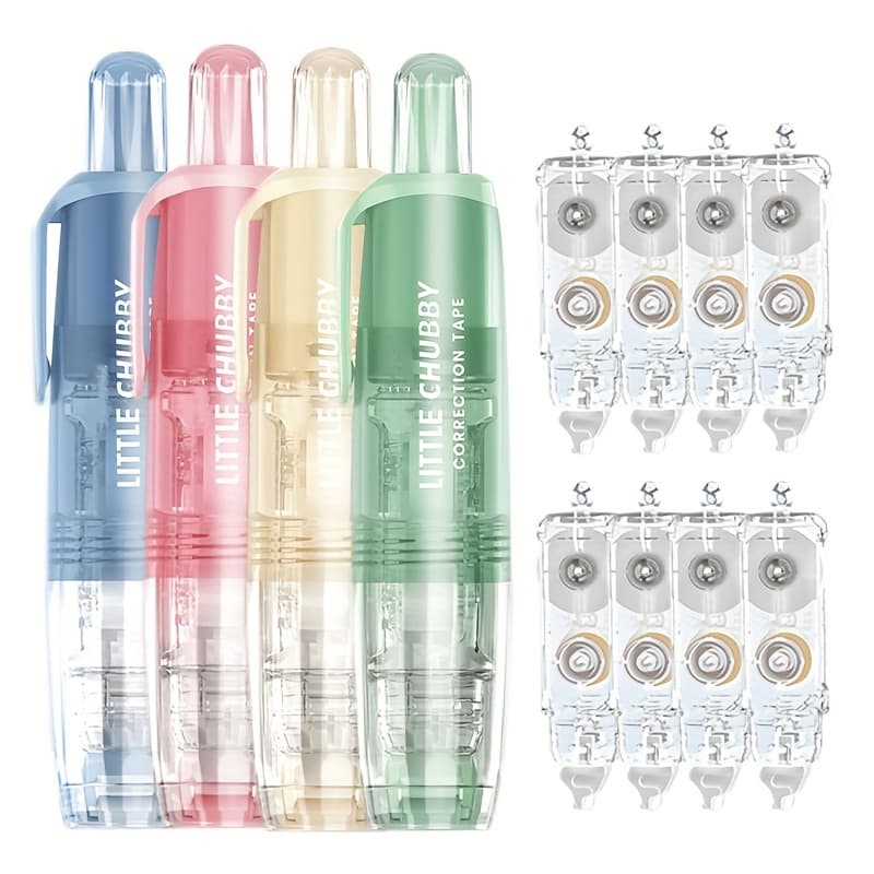 TEMU Correction Tape Set: (4 Dispensers + 8 Refills) / (1 Random Color + 2 Refills). 6mm Tape Width, 360° Rotating Tip, Refillable Design. School, ,
