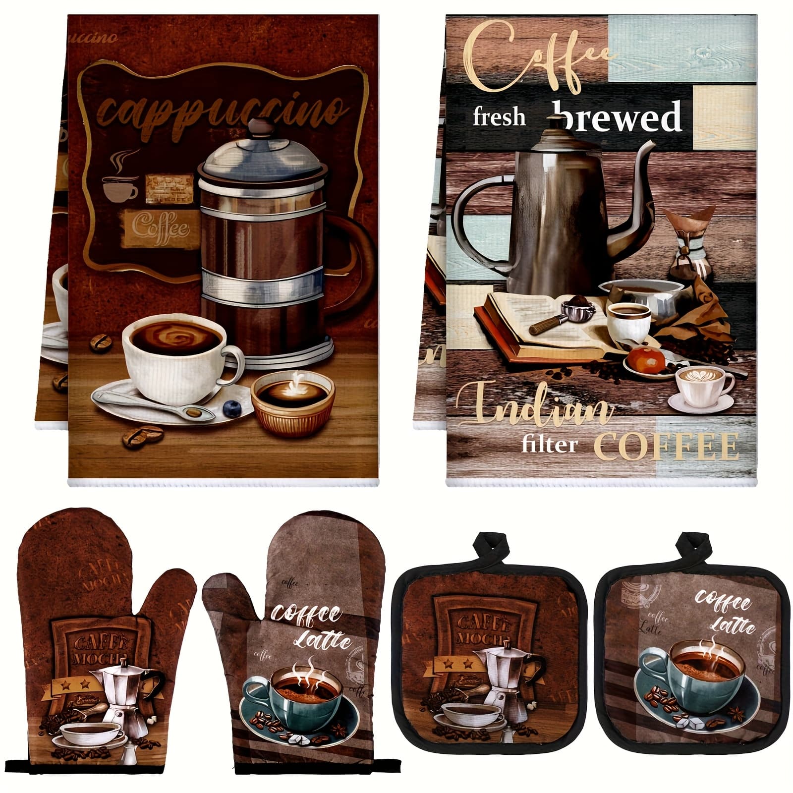 TEMU Set Of 6 Including Farmhouse-style Towels, And Oven Mitts, Featuring 2 Dish Towels, 2, And 2 Cooking Mittens In Dark Brown And