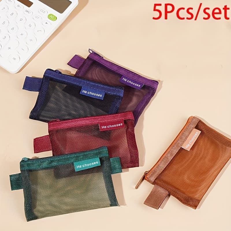 TEMU 5pcs Mini Retro Mesh File Bag, Lightweight Portable Pencil Case Cosmetic Bag, Minimalist Mesh Solid Color Travel Storage Bags, Lightweight Clutches For Women, High-value Storage Bag