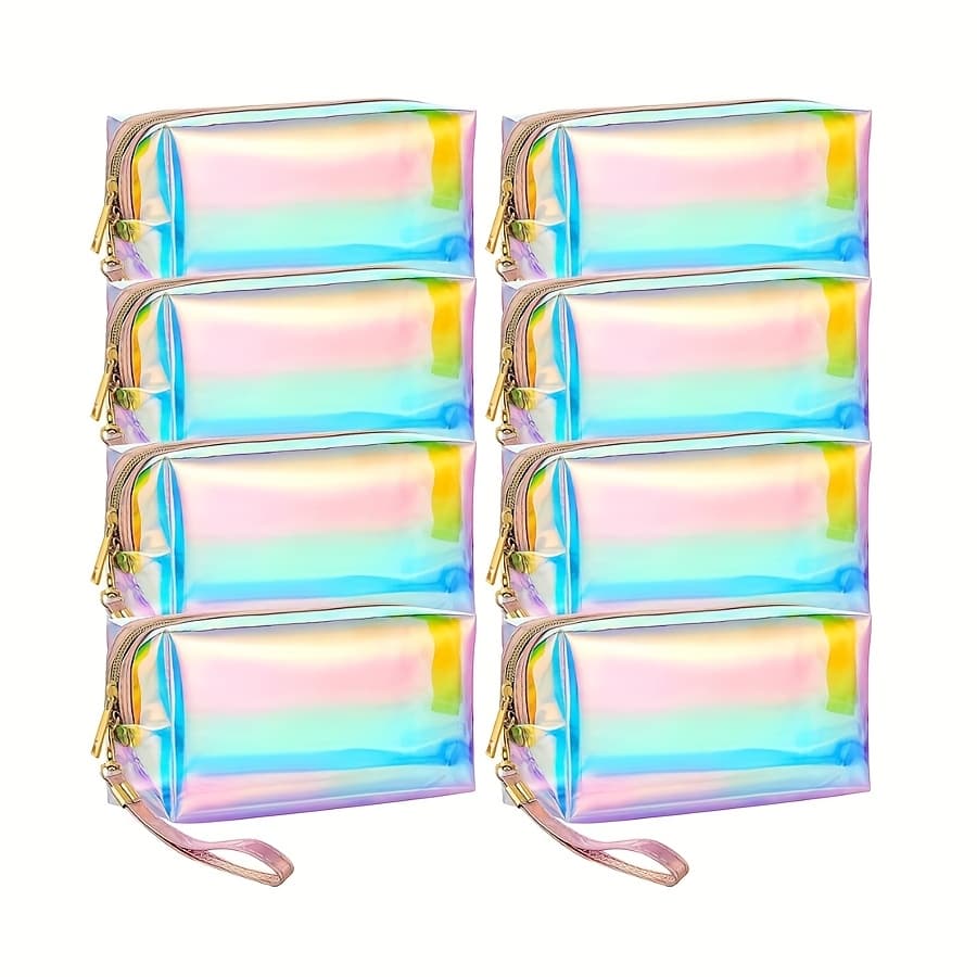 TEMU 8pcs Holographic Clear Makeup Bags With Zipper Closure & Wrist Loop - Iridescent High Cosmetic Pouches, Lightweight Toiletry Organizer For Home, Office, Diaper Bag, Vacation Gift