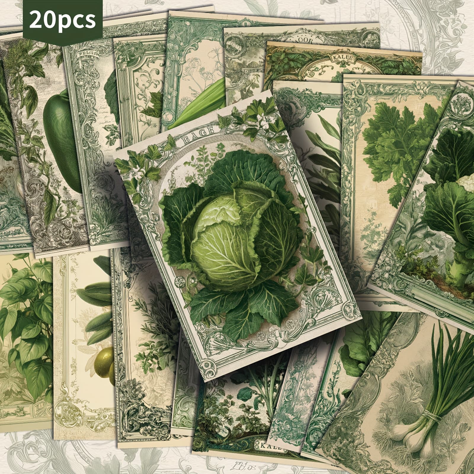 TEMU 20 Pack Vintage Green Vegetable Paper Postcards - 4x6 Inches Vintage Junk Journal Paper, Classic Pinup Illustrations, Collectible Decorative Painting Cards For Scrapbooking & Crafting