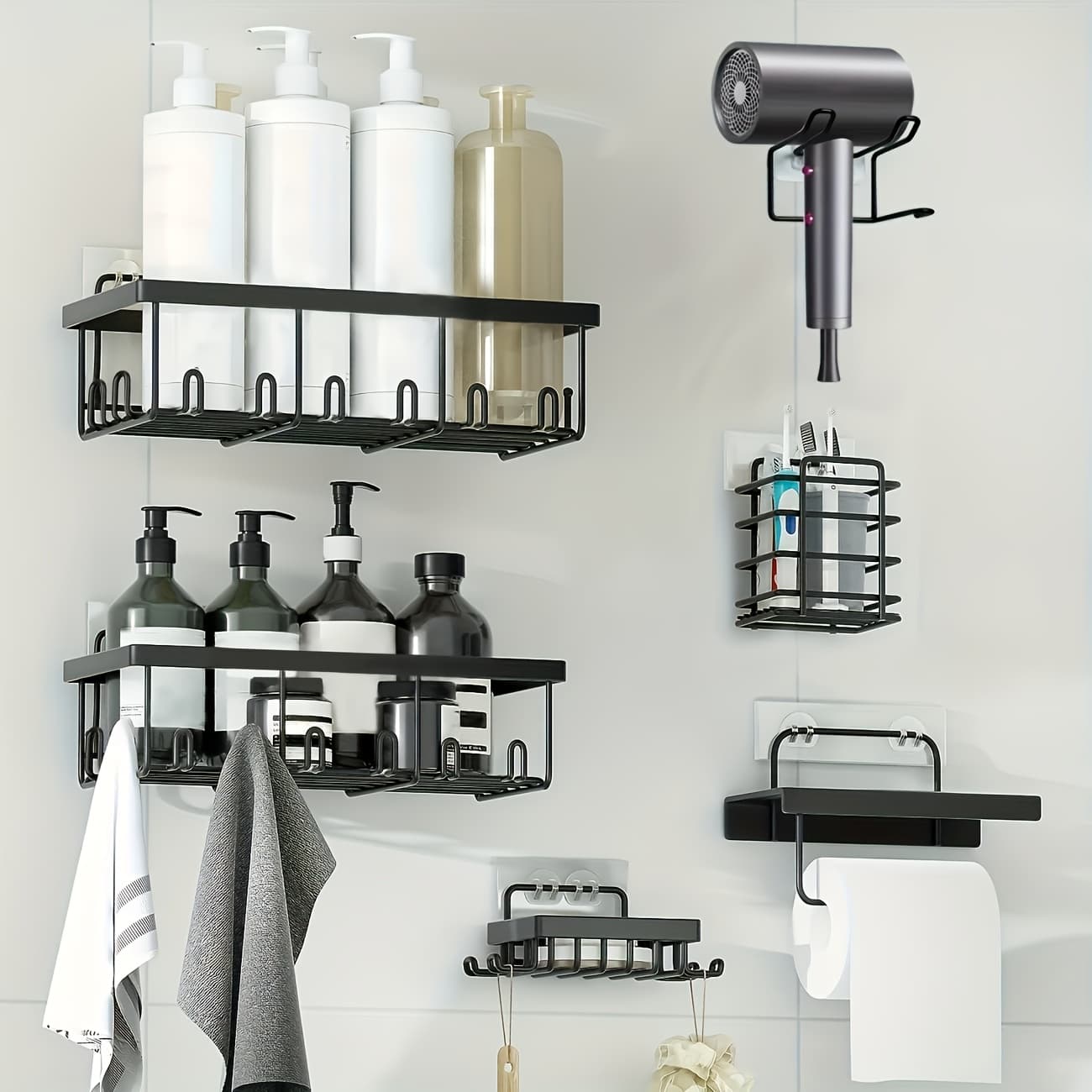 TEMU Set Of 6 Self-adhesive Rust-resistant Shower Shelves With Soap Holder And 8 Hooks, Spacious Storage Solution For Bathroom Organization, In Black
