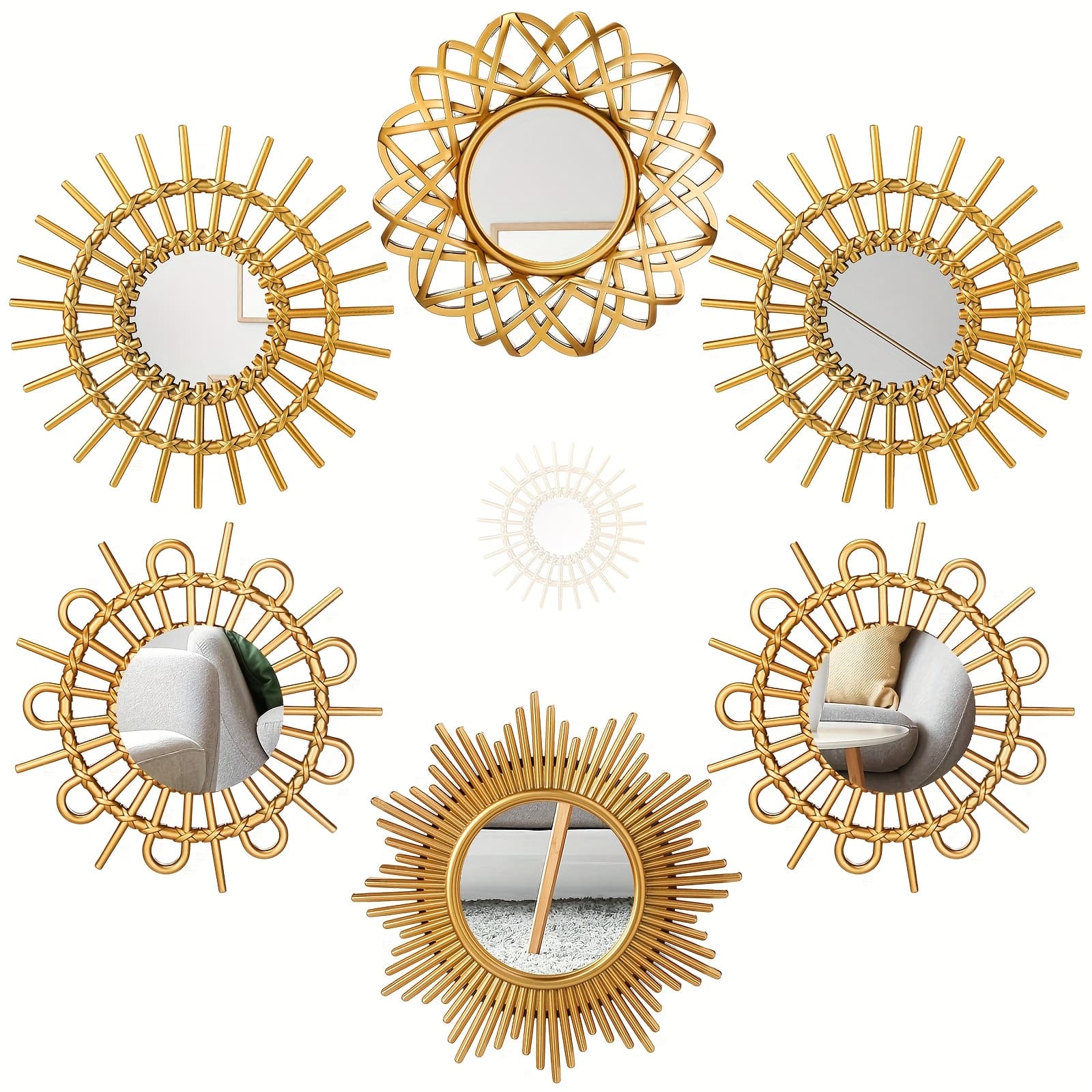 TEMU 6pcs Mirrors For Wall Decor, Sun Mirrors Espejos Decorative Wall Art Entryway Mirror Hanging Circle Mirror For Wall Home Decor Bathroom Bedroom Living Room
