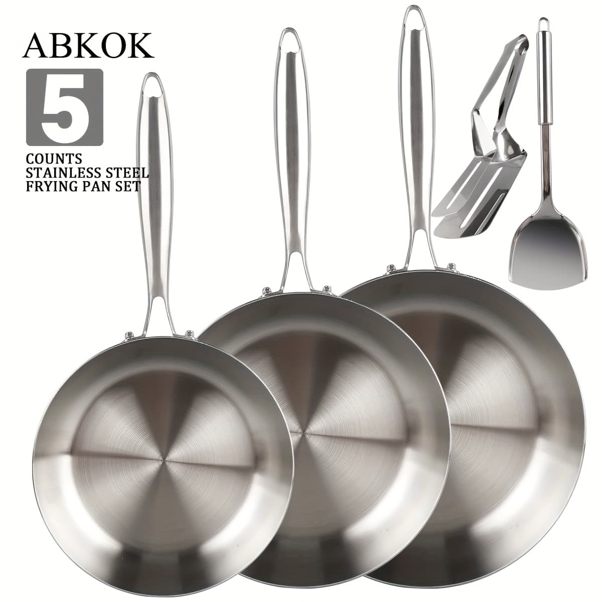 TEMU 1/5pcs Whole Body 3 Stainless Steel Frying Pans Set, 8"/9"/10" Cooking Pans With Laddle And Turner, Kitchen Cookware Set, Fast Heating With Ergonomic Handles, Suitable For All Stove