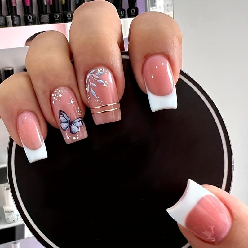 TEMU 24pcs Square Medium-length Press-on Nails - Glossy Fake Nails With Striped & Floral Designs For , Middle East-inspired , Cute Nails