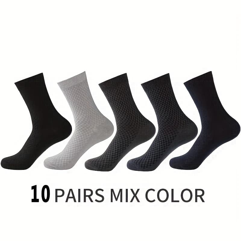 TEMU 10-pair Bamboo Fiber Men's Socks, Breathable Casual Business Mid-calf Socks, Men's Ankle Socks, Black Knee-high Socks