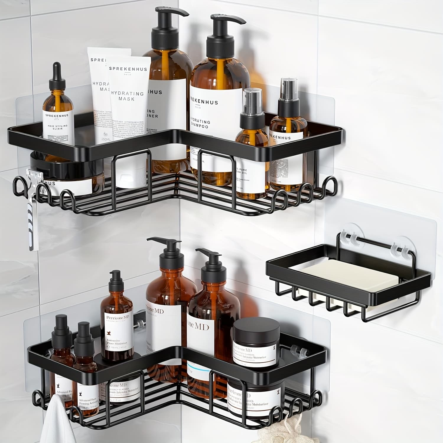 TEMU Corner Adhesive Shower Caddy, With Soap Holder And 12 Hooks, Rustproof Stainless Steel Bathroom Organizer, No Drilling Wall Mounted Rack