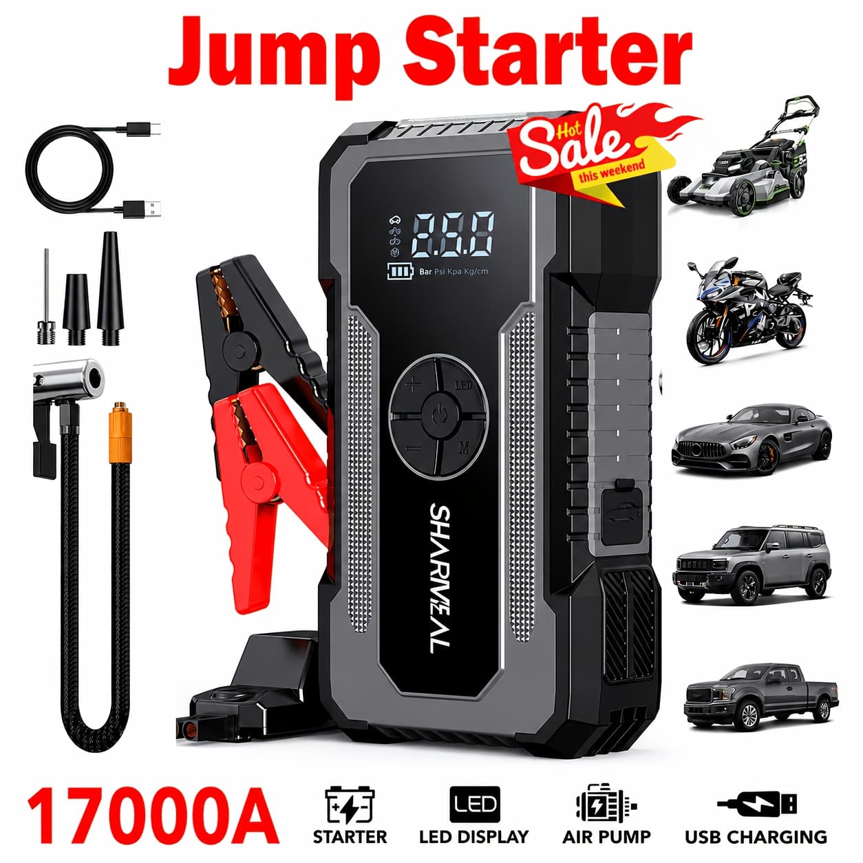 TEMU Sharmeal 17000ajump Starter For Car With Air Compressor, Jump Starter For Car, Car Battery Charger For 12v(8.0 Gas/9.5l ) Start The Car Quickly, Usb Input/output, Led Emergency, Portable Power