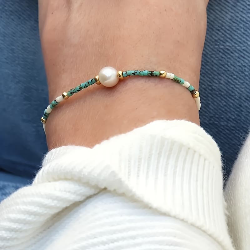 TEMU Vintage Bohemian Bracelet With Elastic & Turquoise Beads - & Turquoise Jewelry, No Plating Glass Beads For Everyday Or Special Occasions, For Teenager