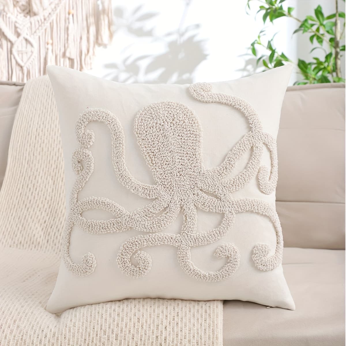 TEMU 1pc Summer Decor Throw Pillow Cover - Soft, Octopus & Crab Embroidery, Seashell Design, Zip Closure, Polyester Fabric, Hand Wash Only