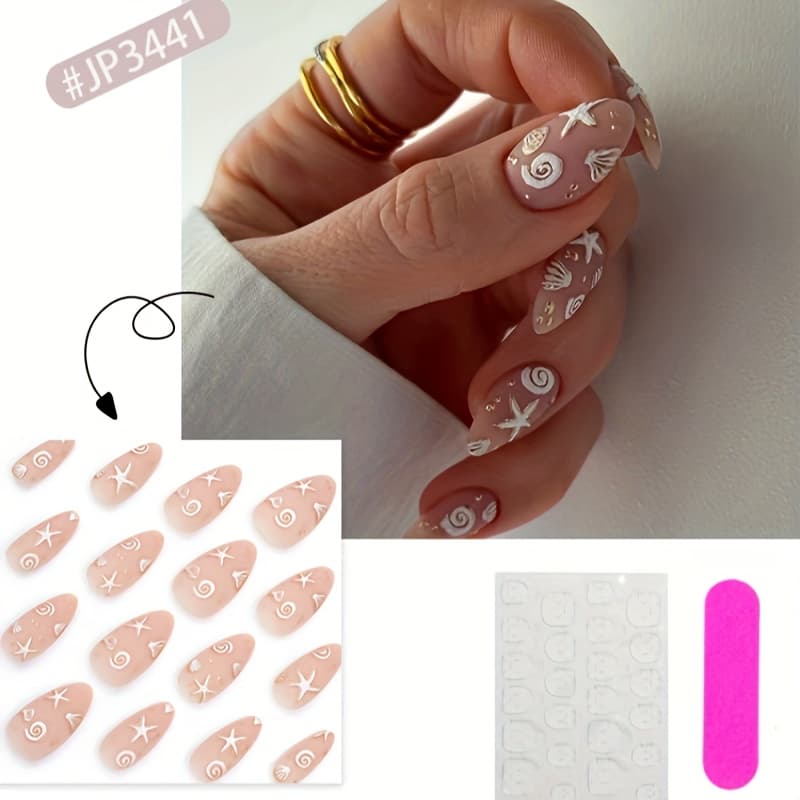 TEMU 24 Pcs Almond Shaped Press On Nails, Short Length With Sea Shell Starfish Design, Glossy Finish, - Elegant Pre-designed Fake Nails For Women And Girls