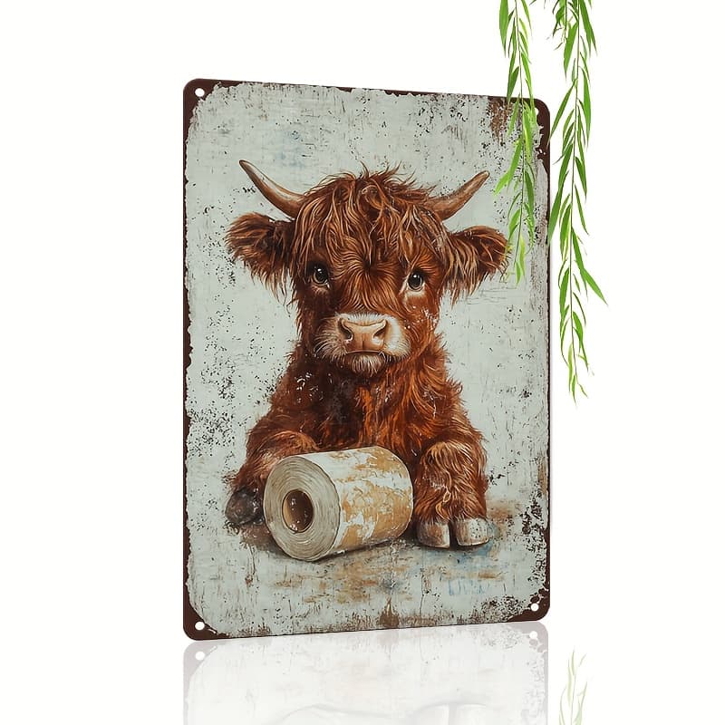TEMU Vintage Highland Cow Metal Tin Sign - 1pc, 8"x12", Rustic Wall Decor With Weathered Look, Ideal For Man Cave, Bathroom, Home Decor