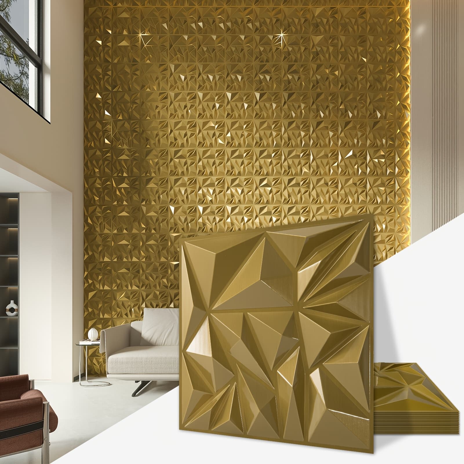TEMU 33pcs 3d Wall Panels For Interior Wall Decor Home, Office And Commercial Spaces, 12 X 12 Inch White Modern Diamond Textured Accent Wall Paneling For Living Room Tv Wall Background, Golden