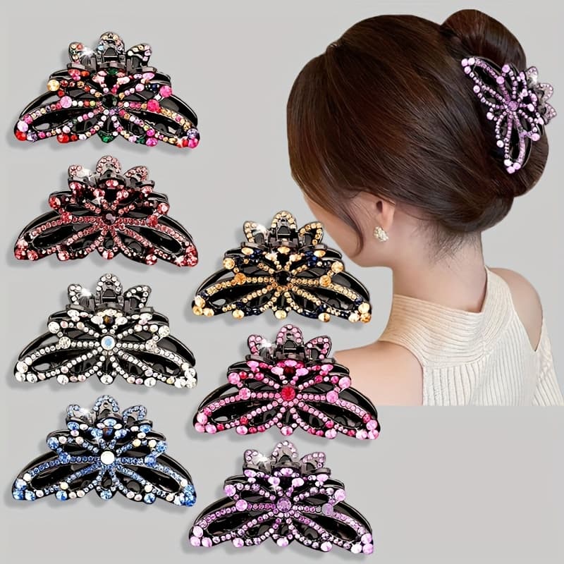 TEMU 7pcs Set, Women's Rhinestones Flower Hair Coils And Hair Grips, Elegant And Gorgeous Hair Accessories, For Daily Use
