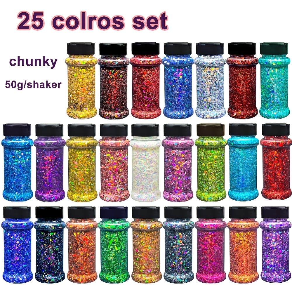 TEMU 25pcs Laser Mix: Chunky Holographic Glitter In Black, Golden, Green, Blue, White, Red, And Multicolor For Craft Projects, Diy Art, Drawing, Decor, Small Accessories, And Cup & Tumbler Making