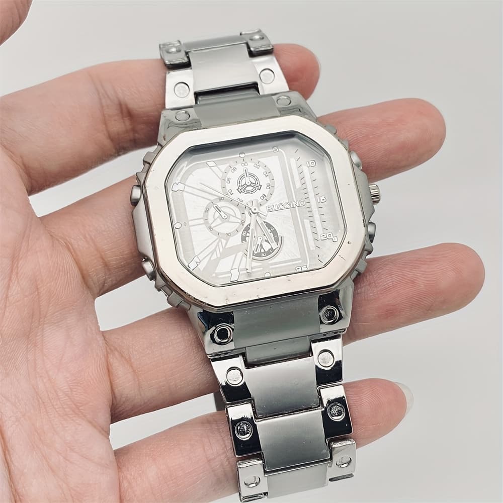 TEMU Men's Exquisite Stainless Steel Alloy Quartz Watch, Rectangular Dial Creative Fashion Wear Watch