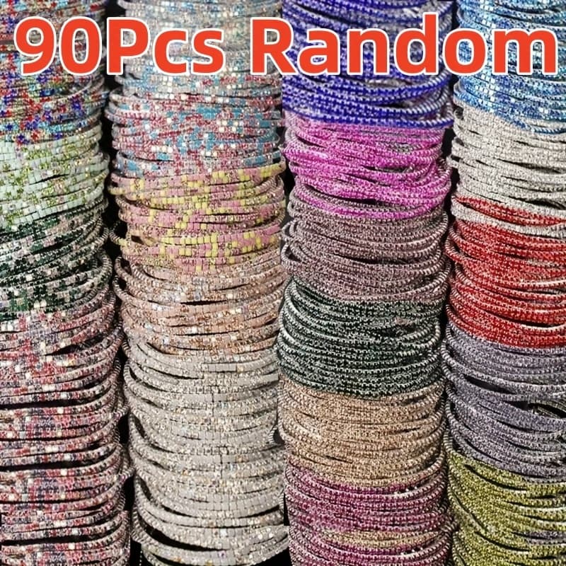 TEMU 60/90pcs Elegant Elastic Bracelet Set - Sparkling Artificial Crystal Tennis Stretch Strand Stacked Bracelet, Suitable For Daily Wear & Party, Ideal Gift For Lovers, Sisters (random Color)