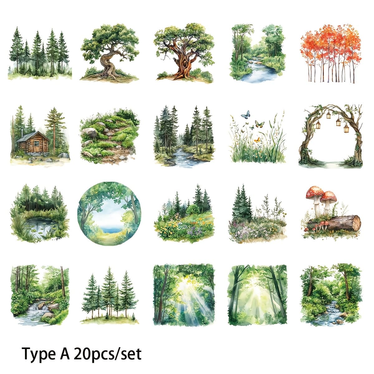 TEMU 20pcs/set Creative Handmade Retro Forest Landscape Trees Rivers Cabins Stickers For Junk Journals Notebooks Scrapbooks Decoration Hand Account Stickers