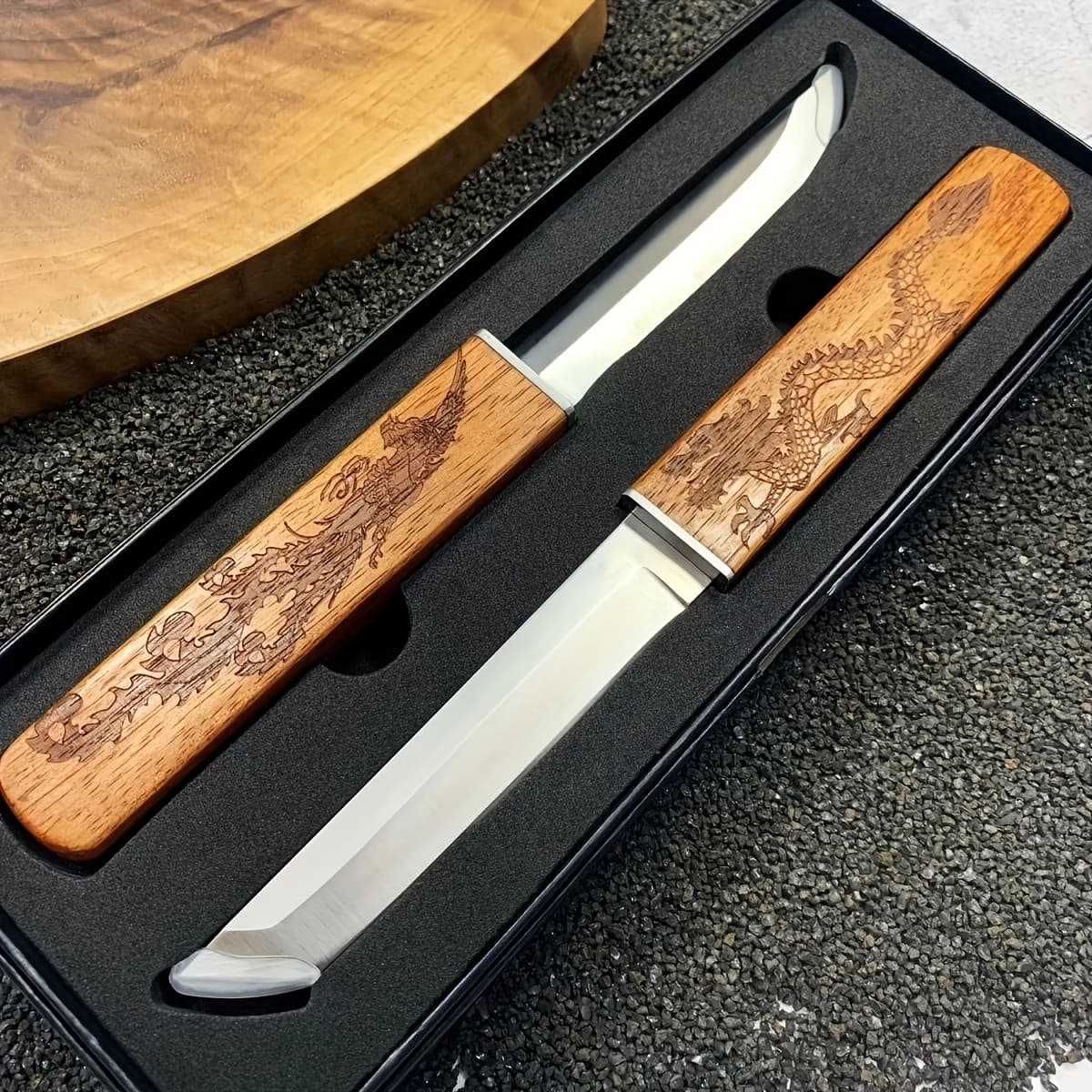 TEMU 1pc, Red Sandalwood Dragon And Phoenix Double Knife, Used For Cutting Meat, Fruit And Other Food, Light Blade, Comfortable And Beautiful, Wooden Handle, Fixed Blade, Easy To Carry, Fast Cutting