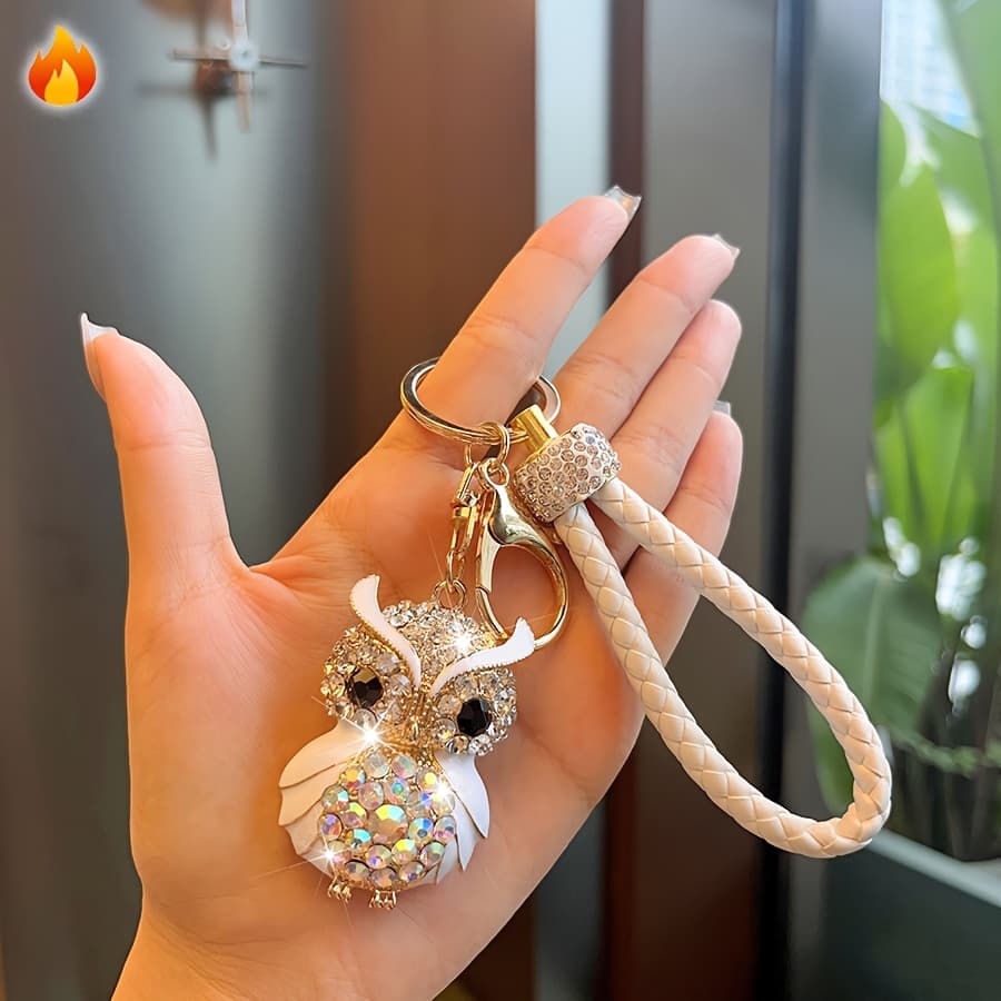 TEMU Car Keychain With Owl Shaped Alloy And Inlay, Featuring A White Braided Rope - Sparkling Charm, Suitable For Car Keys, Bags, And Wallets - Ideal Birthday Gift, Luck And Symbolizing Good Luck