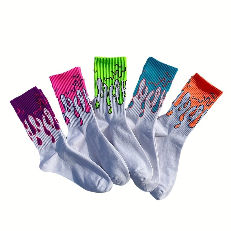 TEMU Young Men's 5 Pairs Of Socks, Bright Colors, Painted Graffiti Socks, Trendy Fashion, Mid Tube Fashion, European And Fashion, Harajuku Skateboarding Academy Style, Long Socks