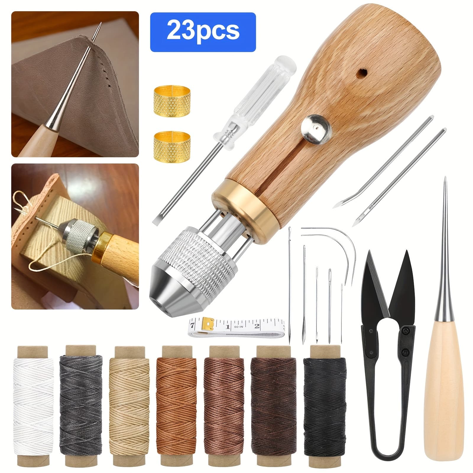 TEMU 1 Set Portable Leather Sewing Awl Kit, With Straight Bent Needles, Waxed Threads, Yarn Scissors, Tape Measure, For Diy Craft