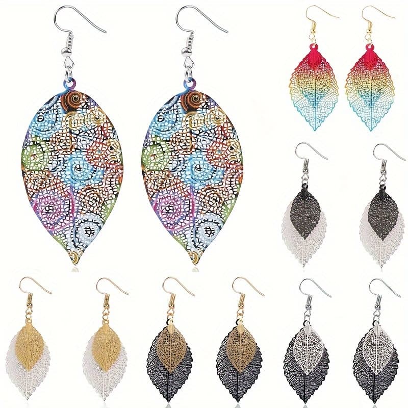 TEMU 6 Pairs Of Retro Earrings Leaf Earrings Golden Simple Double Hollow Leaf Earrings Bohemian Retro Minimalist Low Allergy Hollow Lightweight Earrings