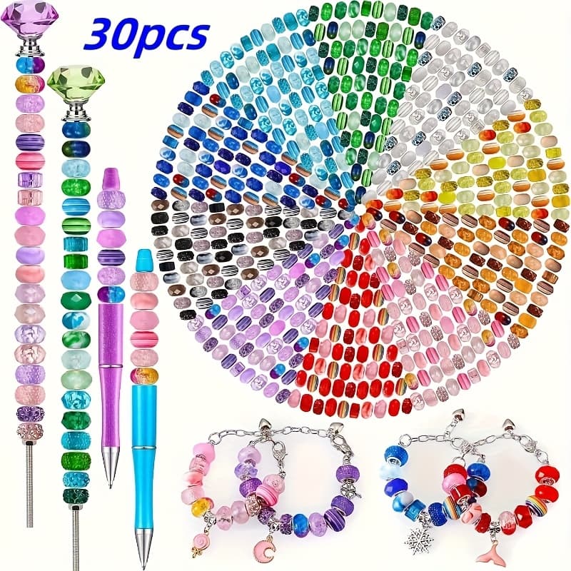 TEMU 30pcs Of Colorful Acrylic Beads Shaped Like Geometric Hearts, Featuring Lace Stripes And Grid Patterns. Sparkling Large Hole Beads Are Perfect For Pen Caps, Keychains, And Jewelry Items
