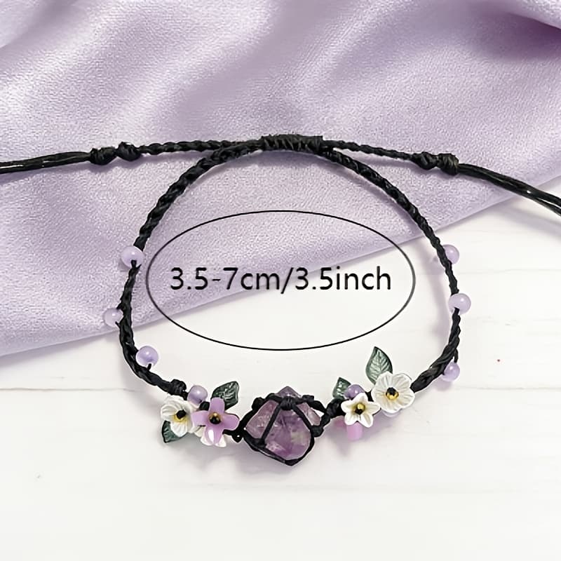 TEMU 1pc Bohemian Style Crystal With Floral Pendant | Adjustable Braided Cord Natural Stone Jewelry For Women | Exquisite Gift For Ladies