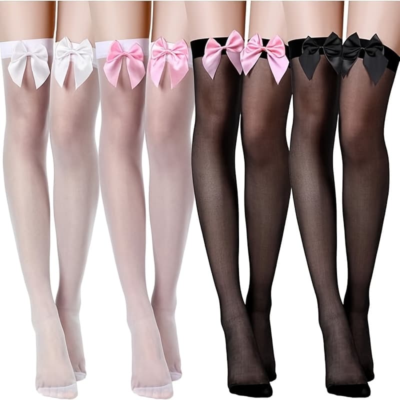 TEMU 4 Pairs Of Women's Thigh-high Stockings With Bows And Lace, Suitable For Everyday Wear, Costumes, Halloween, And ( In Black And White)