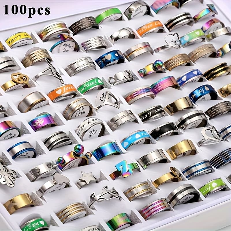 TEMU Wholesale Bulk Lots 100pcs Stainless Steel Rings Men Women Fashion Jewelry Size, Color And Mixed, Assorted Varieties Design Wear Or Gift