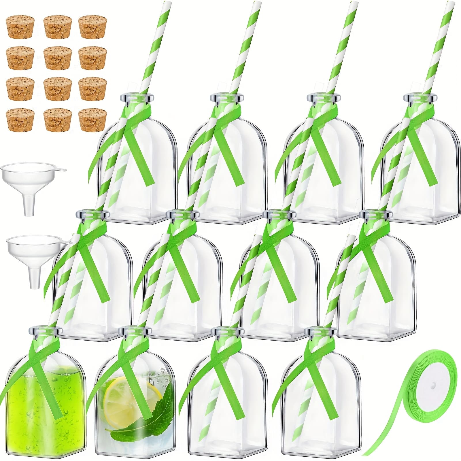 TEMU 12pcs Mini Patron Bottles With Cork & Straw - 4oz Reusable Green Glass Liquor Bottles With Funnels & Ribbon Labels For Wedding Favors, Cocktail Parties, Tequila - Bulk Pack For (bpf-free)