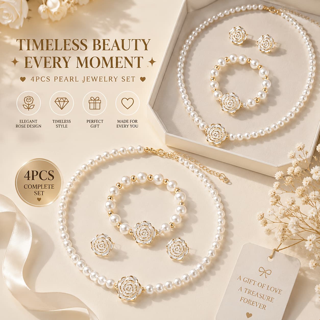 TEMU 4pcs Elegant Set With Free Ring, Retro Luxury Women Necklace Bracelet Earrings, All-match Ornament For Daily Wear Party Wedding Birthday Engagement Anniversary