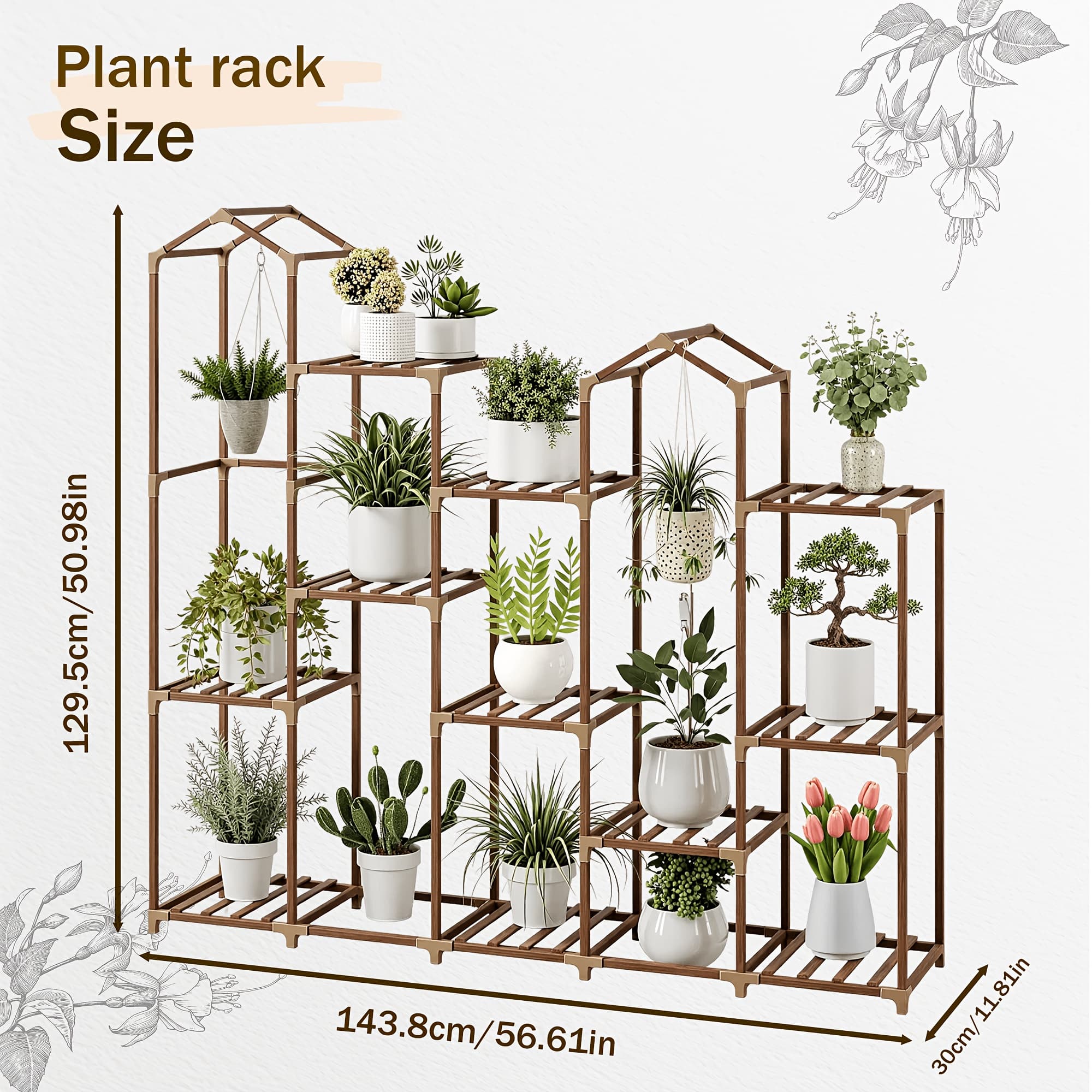 TEMU 11-tier Corner Flower Stand - Large Tall Eucalyptus Wood Plant Holder With Hanging Space For Multiple Potted Plants - Perfect For Yard, Balcony, Or Garden Decoration, Durable & Stylish Design