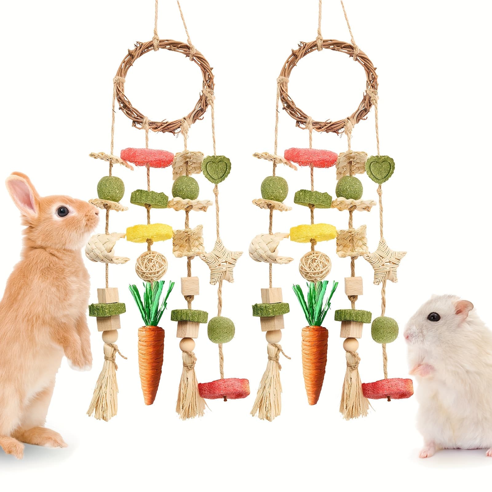 TEMU 2 Pack Bunny Chew Toy, Rabbits Cage Hanging Chew Toys And Treats Rattan Ring With Snacks For Guinea Pigs Hamsters Rats And Other Small Pets Teeth Grinding