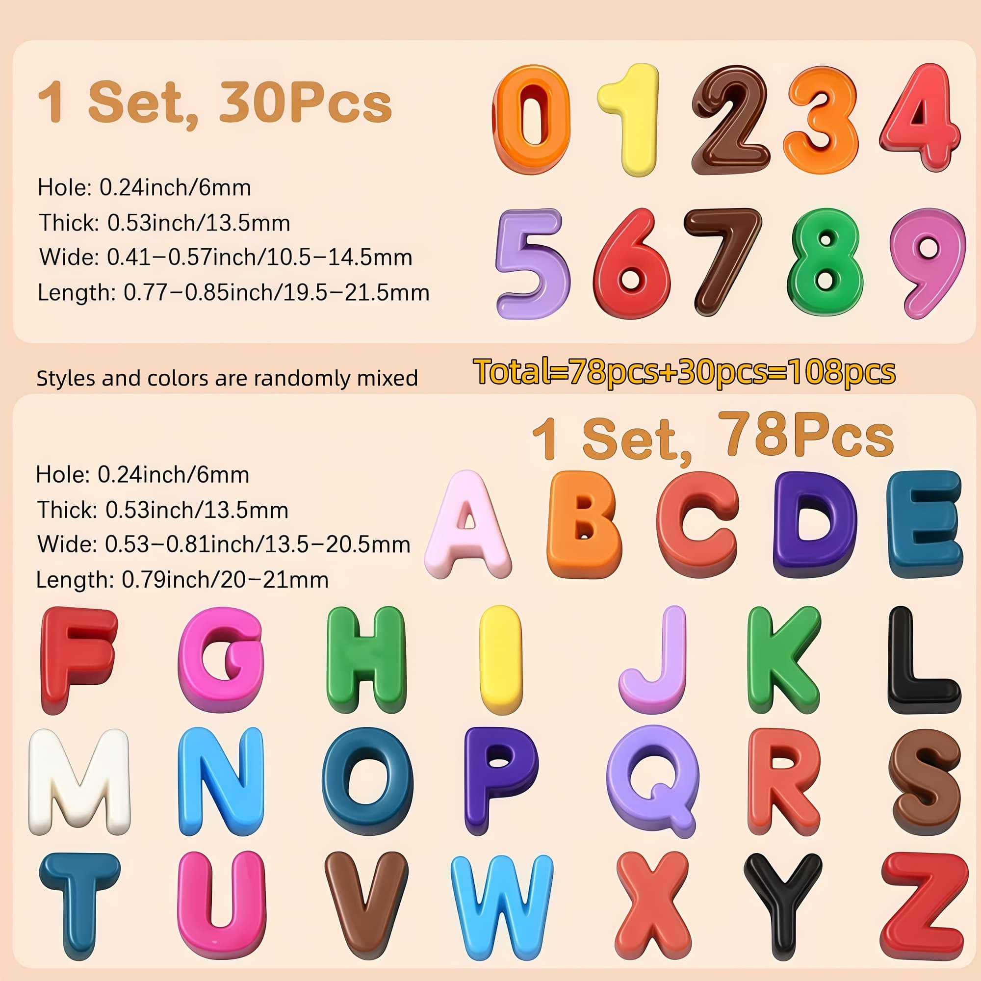 TEMU 108pcs Acrylic Mixed Color Large Hole Alphabet Beads, 78 English Letters + 30 Numbers, For Diy Pendants, Paracord Crafting, And Other Jewelry Accessory Beads