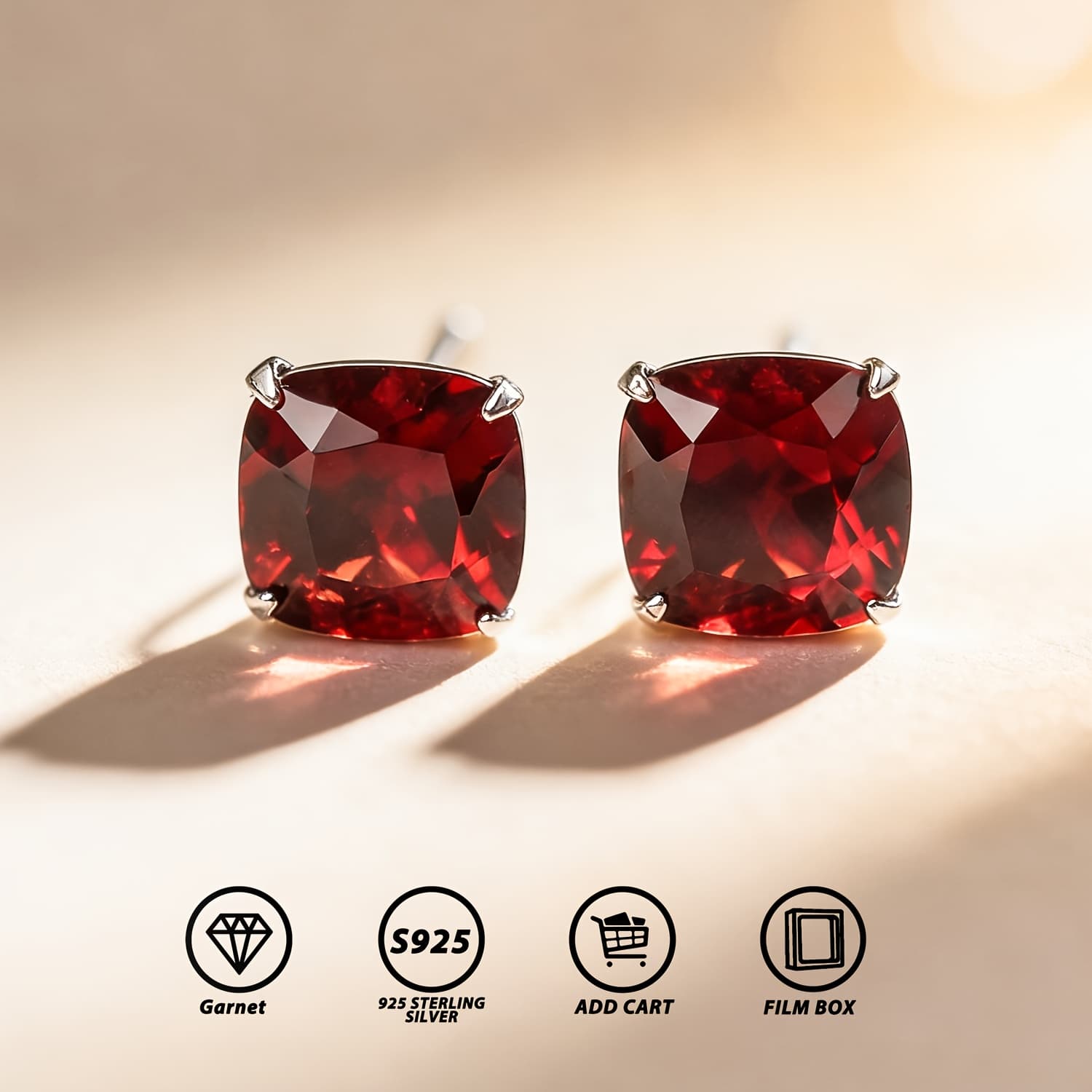TEMU Natural Garnet S925 Silver Earrings, Hypoallergenic And , Inlaid With 5x5/6x6mm Cushion-cut Natural Garnet, Elegant And Sexy Jewelry, Valentine's Day Gift