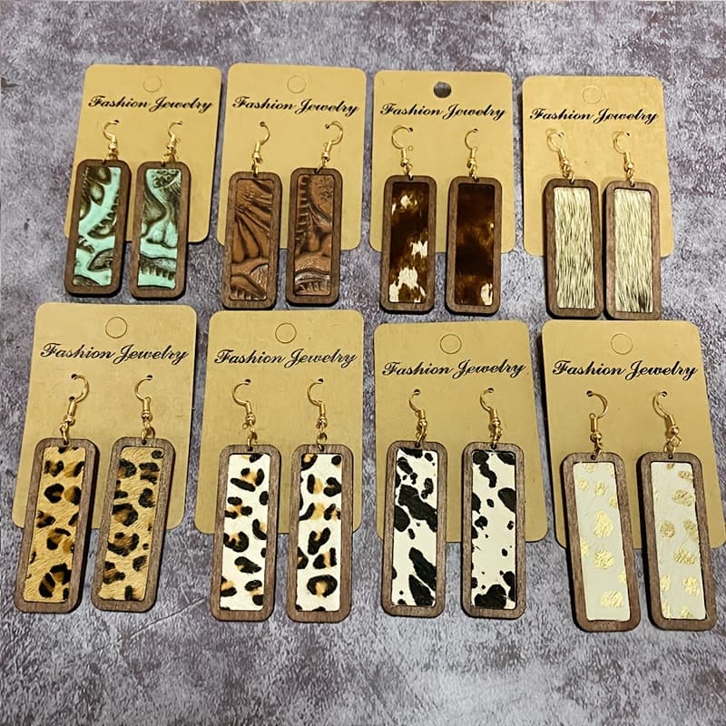 TEMU 8 Pairs Of Rectangular Leopard Print Earrings Set, Retro Bohemian Style Wooden Ornament Fashionable Women's Earrings